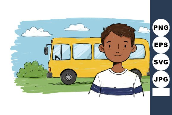 Enhancing Educational Design with the Schoolboy Standing Near Yellow School Bus Illustration