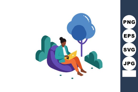Evaluating the Woman Working on Laptop Outdoors Sitting Vector Asset