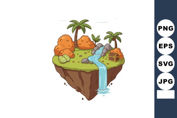 Floating Island with Waterfall Palm Tree Vector