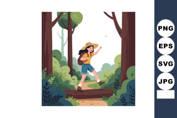 Girl Hiking in Forest Trail Wearing Hat