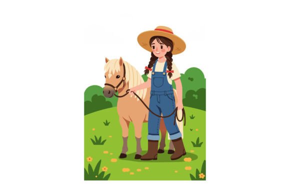 Girl in Denim Overalls Holding Horse: Design Asset