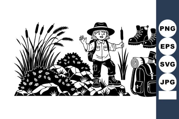 Happy Kid Hiker Black White Illustration: Versatile Vector Assets for Outdoor Projects