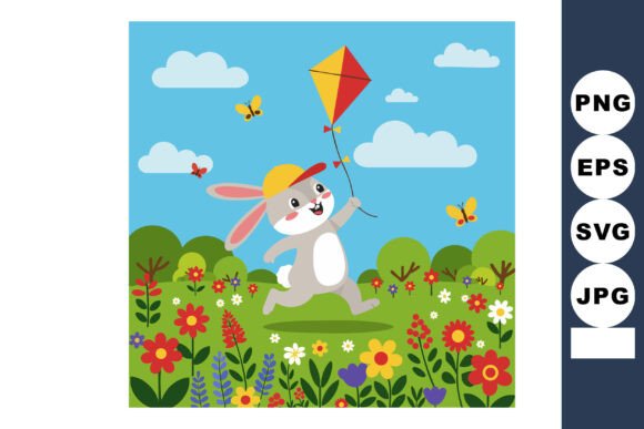 Rabbit Flying Red and Yellow Kite in Col