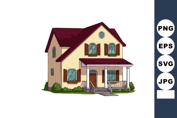 Two Story House with Red Roof and Beige Illustration