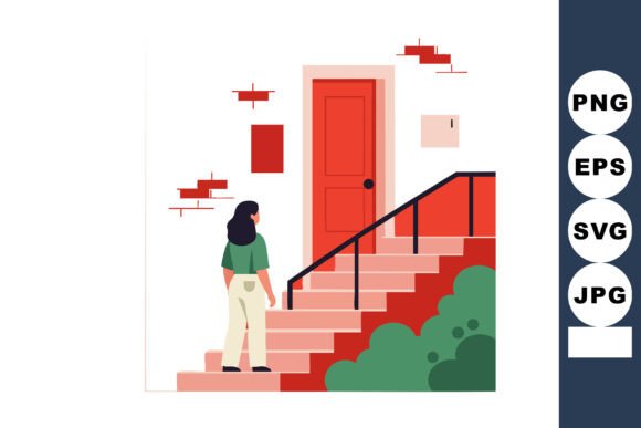 Woman Approaching Red Door at Top of Sta: Strategic Visual Communication for Goals and Transitions