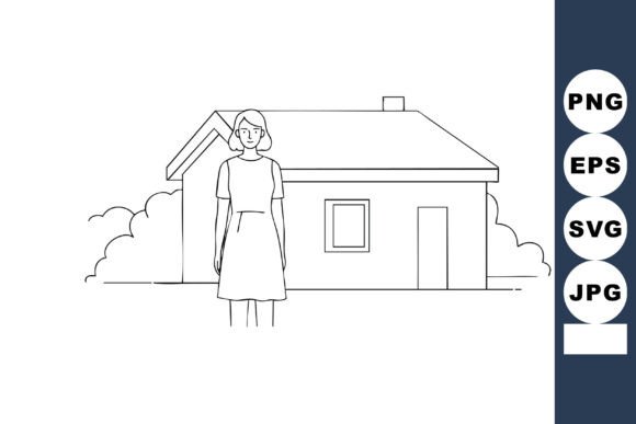 Woman Standing Outside Simple House Line: Visual Storytelling for Modern Design