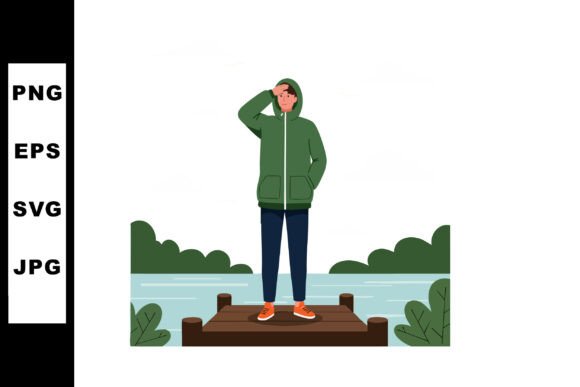 Young Man in Green Hoodie Standing on Wooden Dock: Vector Asset Evaluation